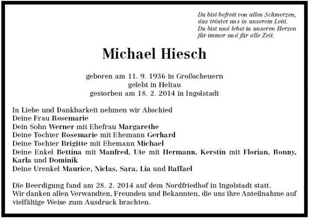 Hiesch Michael 1936-2014 Todesanzeige